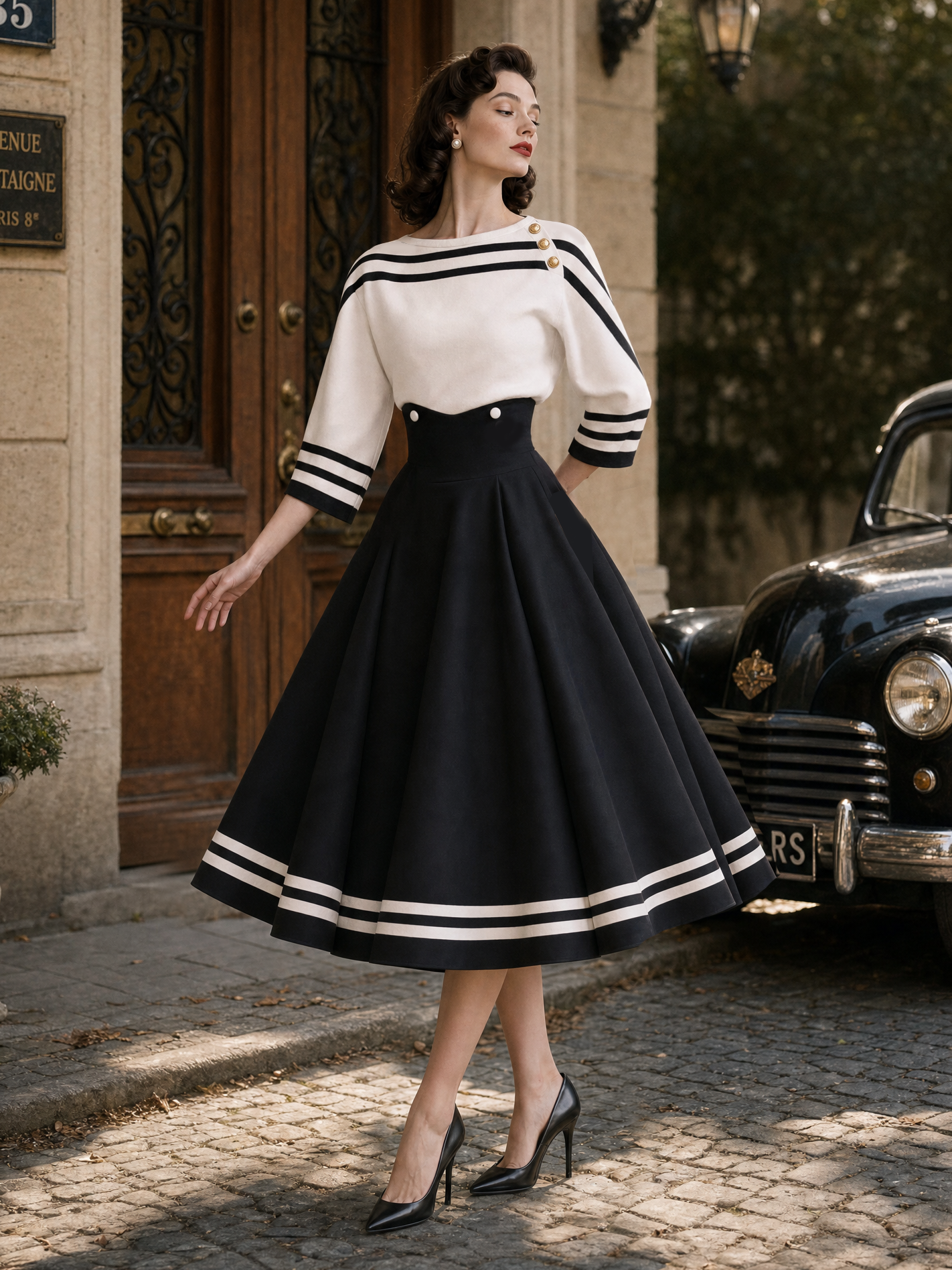 Vintage Color Contrast Striped Swing Skirt Two-piece Set