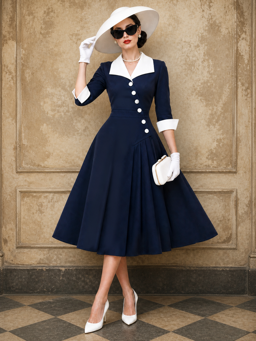 Vintage Sailor Collar Asymmetric Placket Pleated Midi Dress