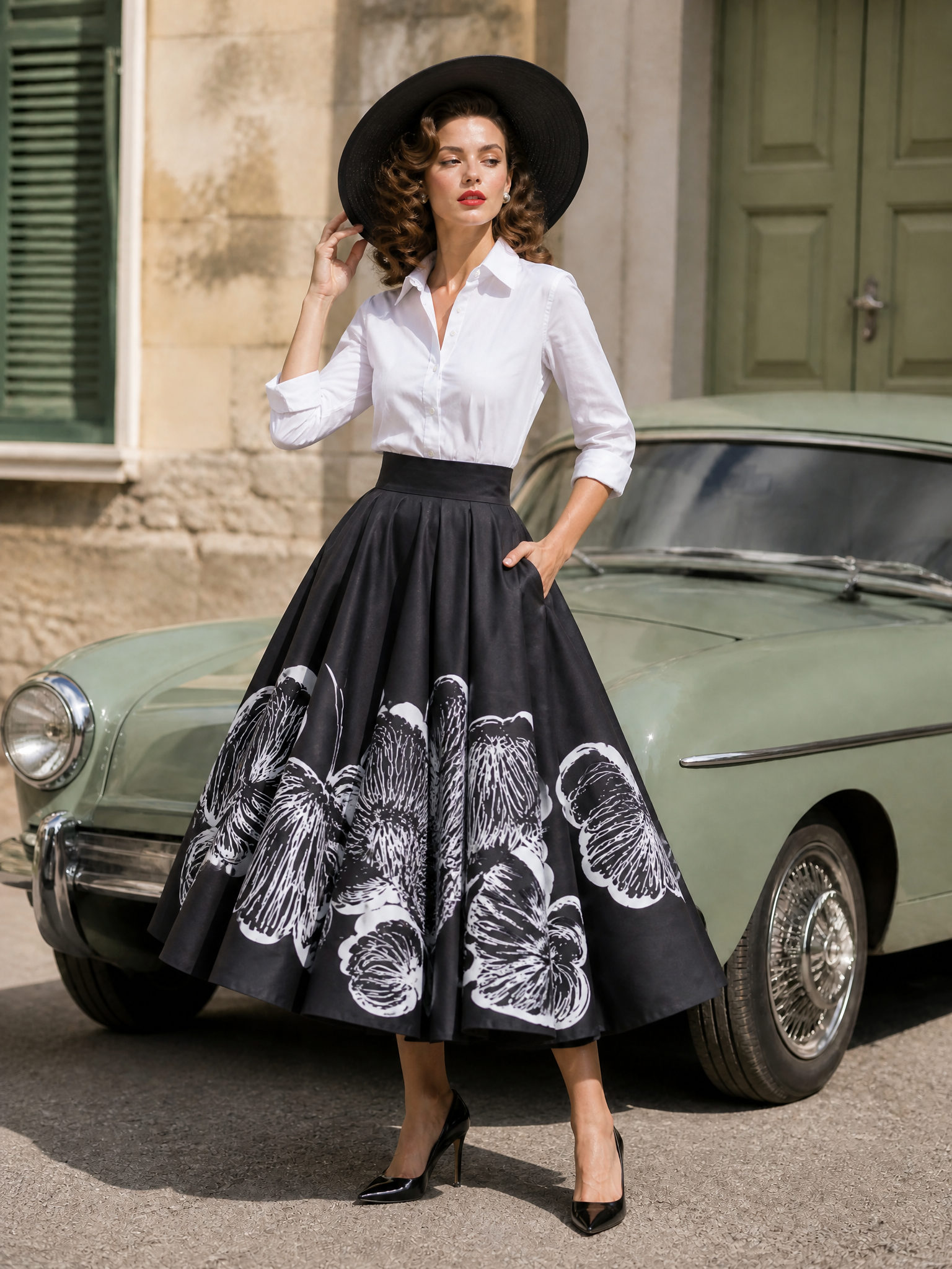 Retro Elegant Black Watercolor-Floral Print Maxi Skirt