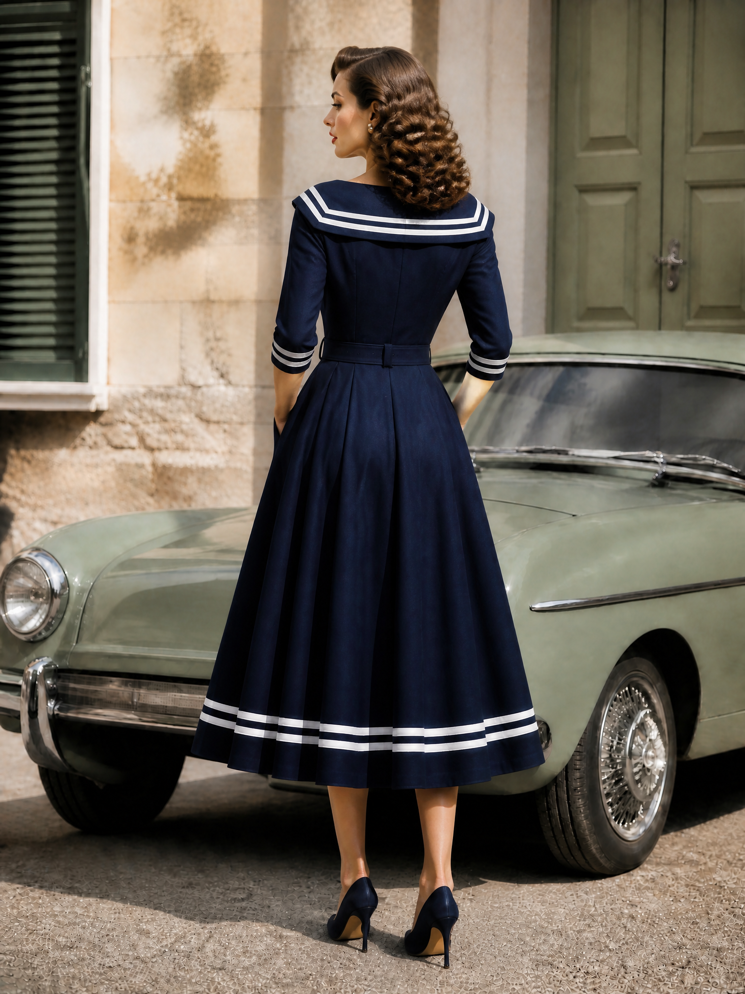 Retro 1950s Nautical Sailor A -Line Swing Midi Dress
