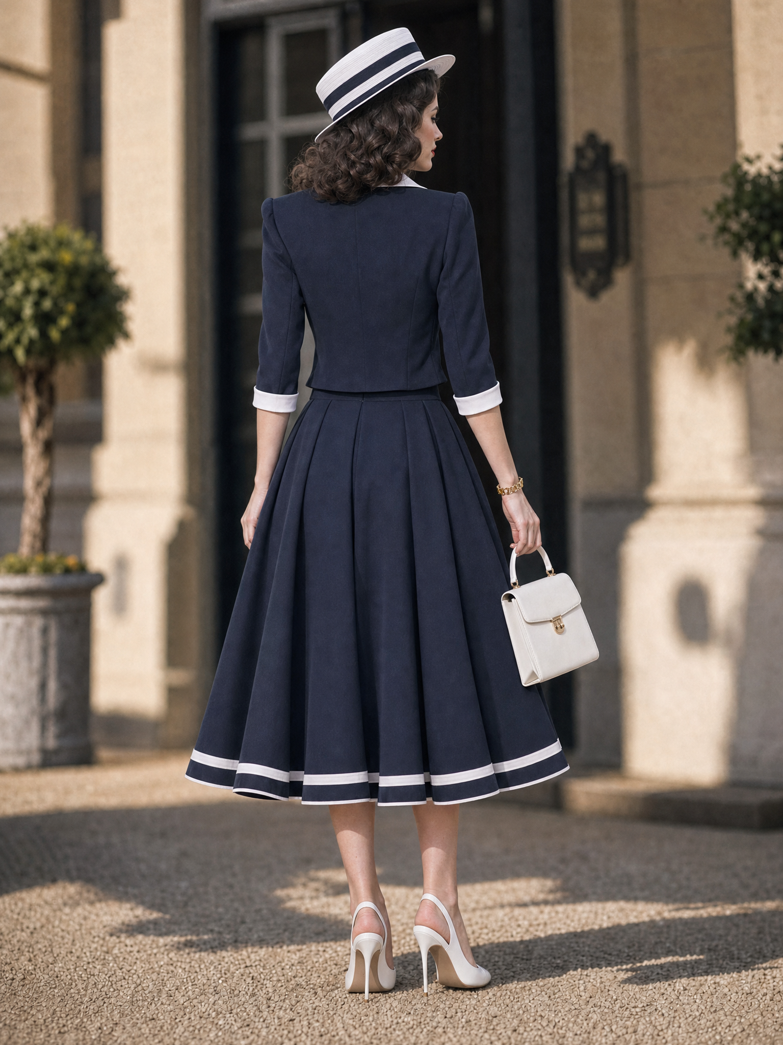 Vintage Hepburn Navy Two Piece Top A‑Line Midi Skirt Set