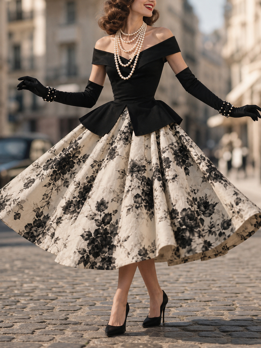 Vintage 1950s Off-Shoulder Floral Print Midi Party Dress