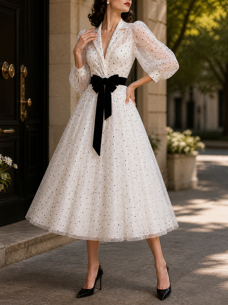 Vintage Polka Dot Print Colorblock Belted Maxi Dress
