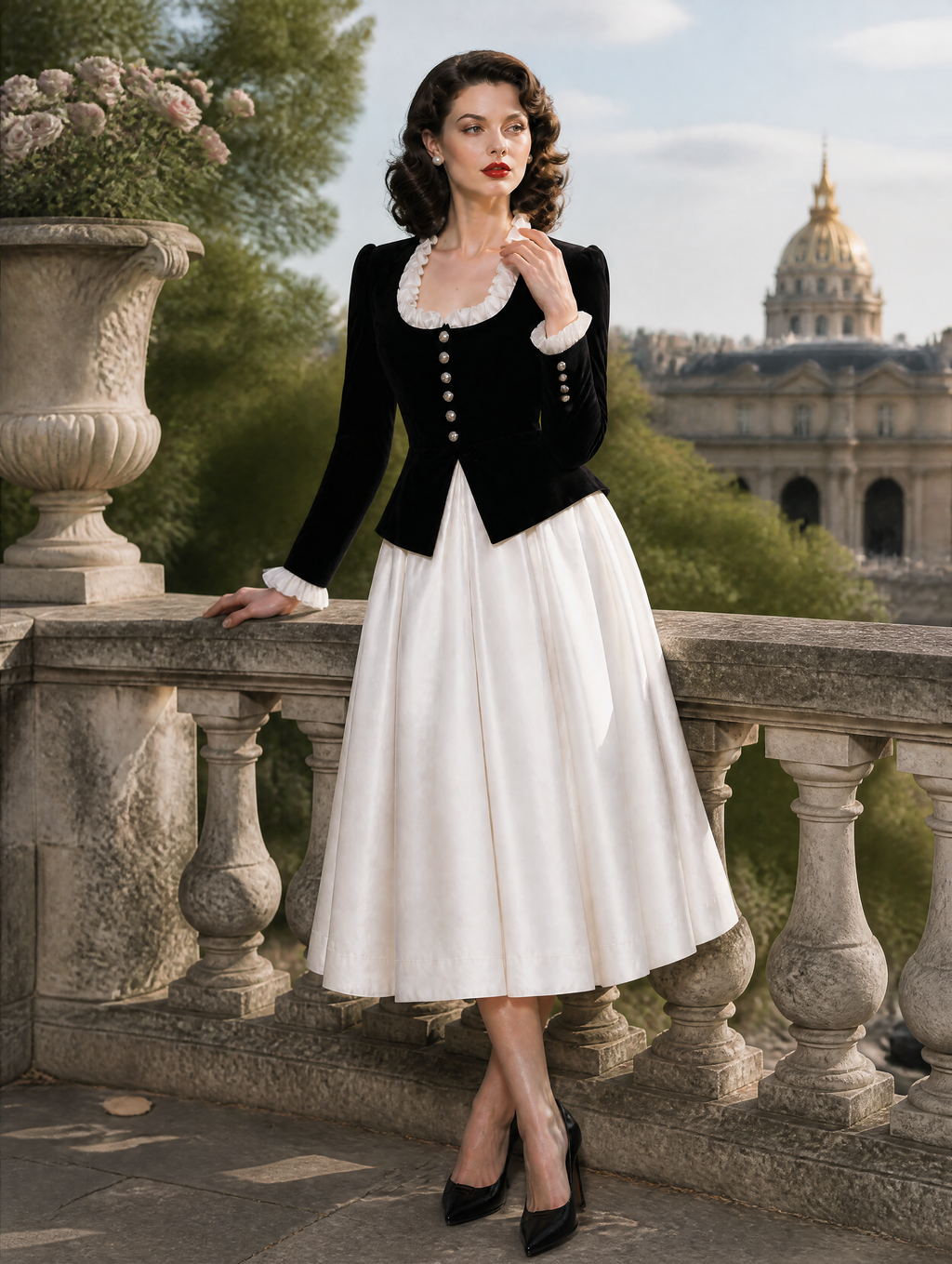 French Vintage Black Velvet Ruffle-Trim Peplum Jacket