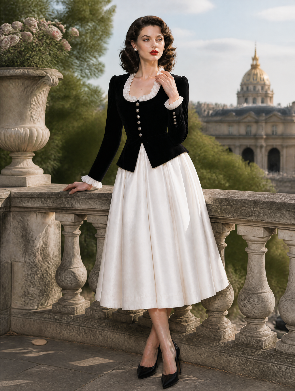 French Vintage Black Velvet Ruffle-Trim Peplum Jacket