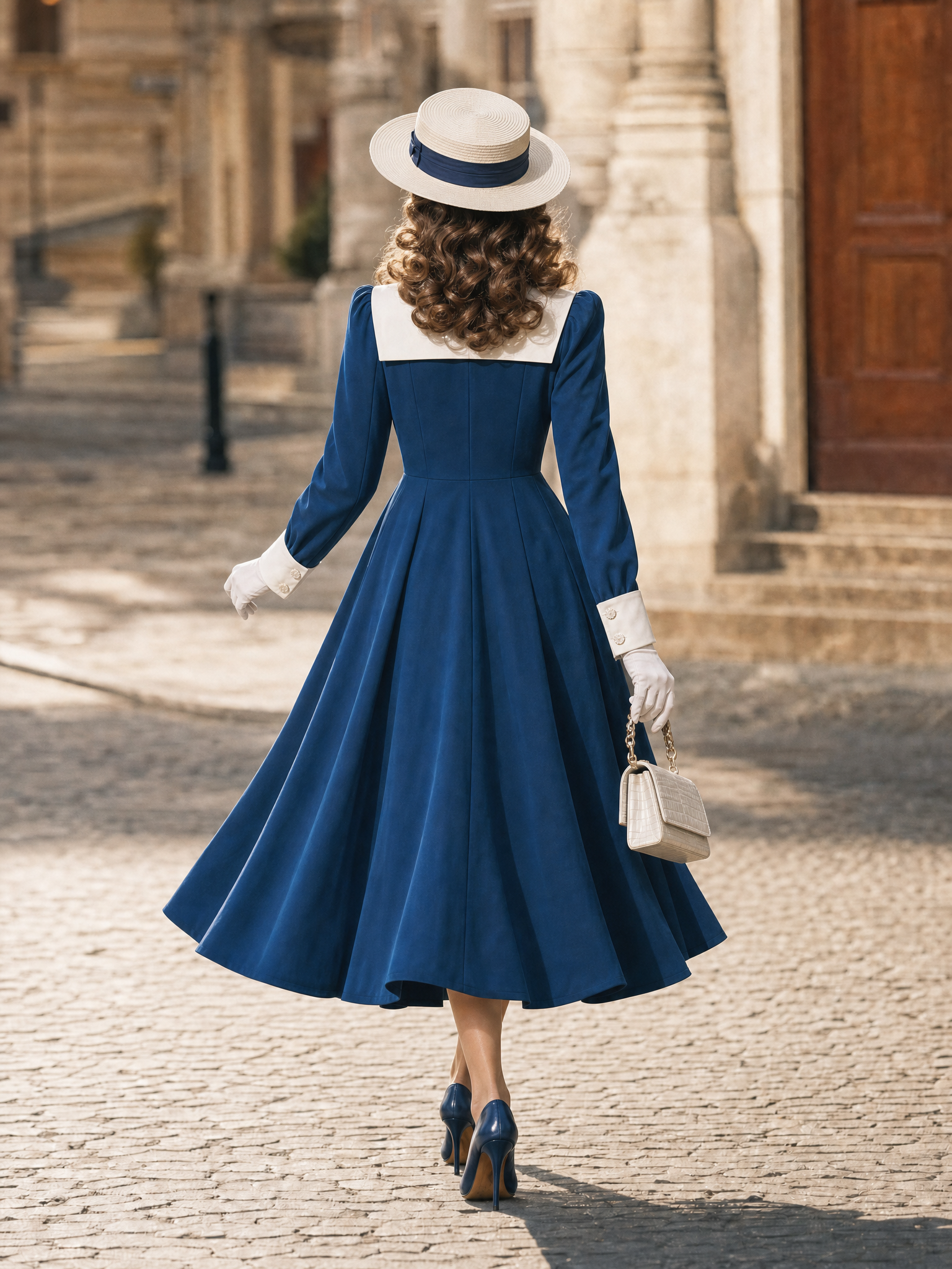 Vintage Contrast Sailor Collar Button Down Midi Dress