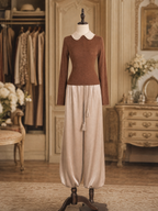 Vintage Peter Pan Collar Knit Top & Drawstring Harem Pants Set