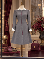 Vintage Hepburn-Style Wool-Blend Burgundy Button Coat Dress