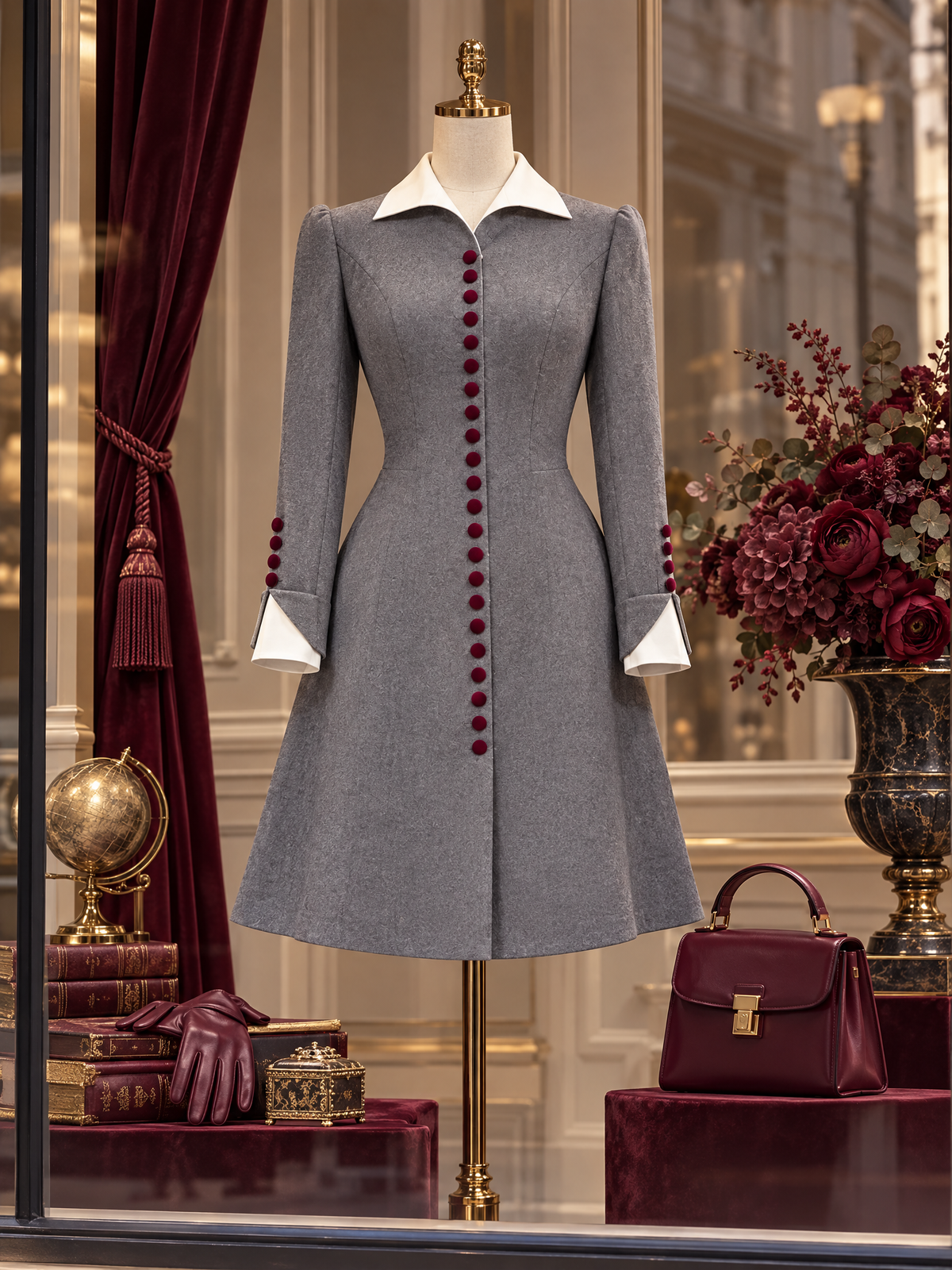 Vintage Hepburn-Style Wool-Blend Burgundy Button Coat Dress