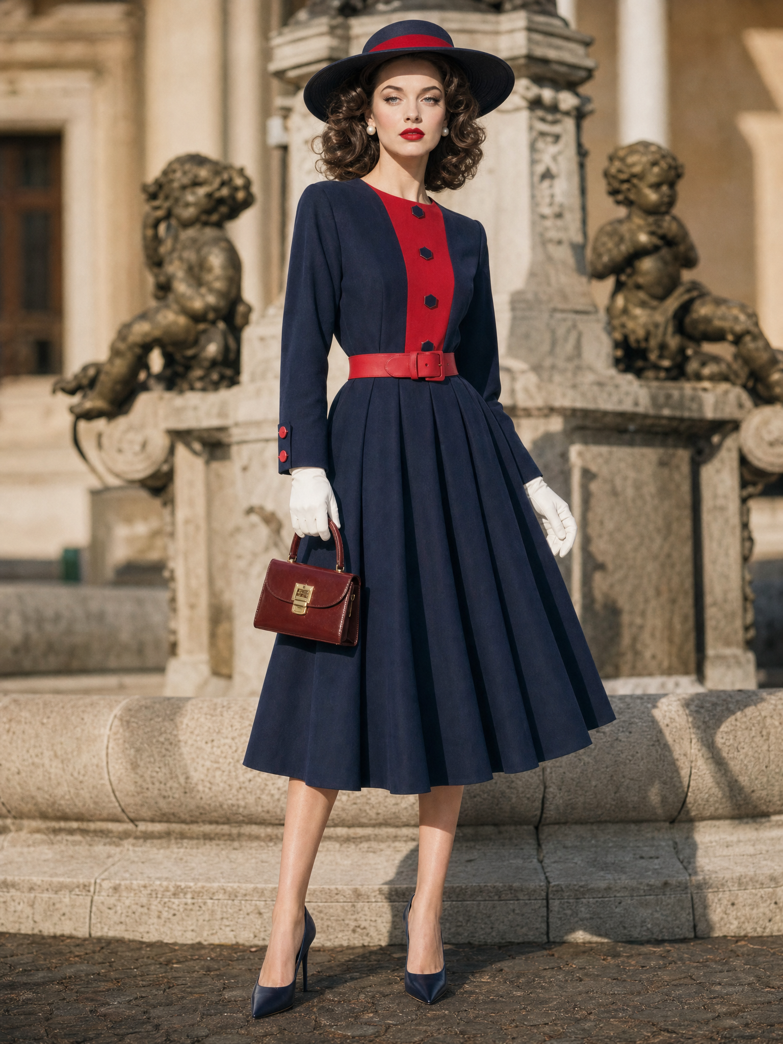 Vintage 1950s Color Block Midi Dress Long Sleeve Belted Swing Formal Party Dress