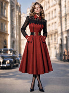 Vintage Lace Collar Wine Red Midi Dress