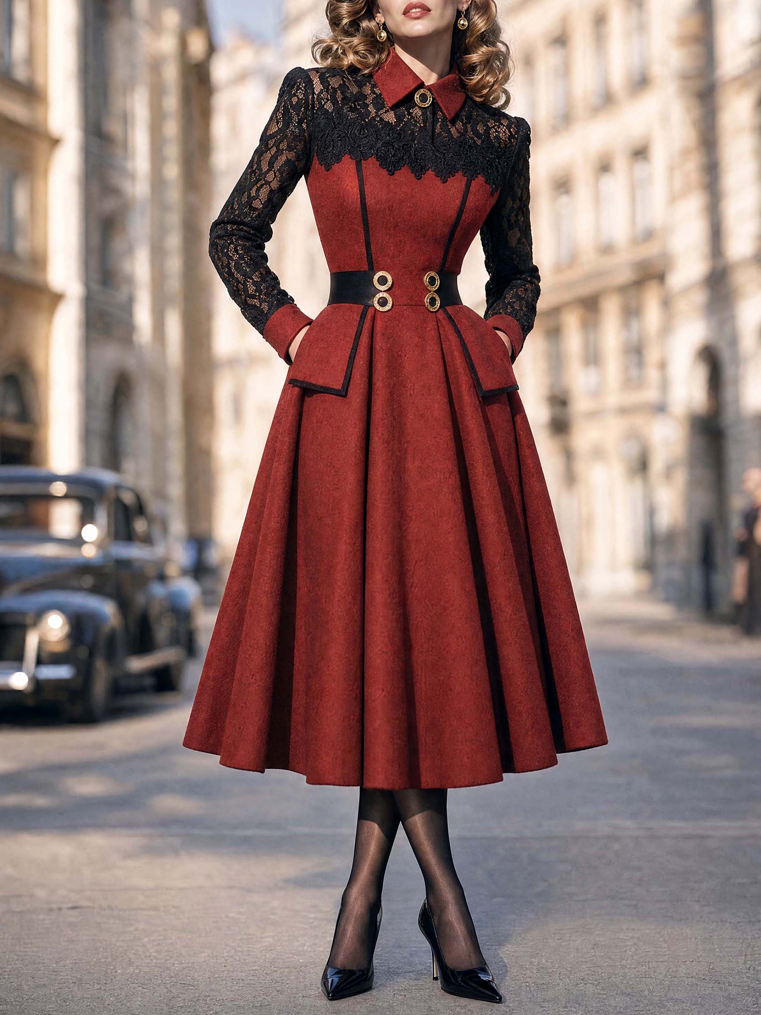 Vintage Lace Collar Wine Red Midi Dress