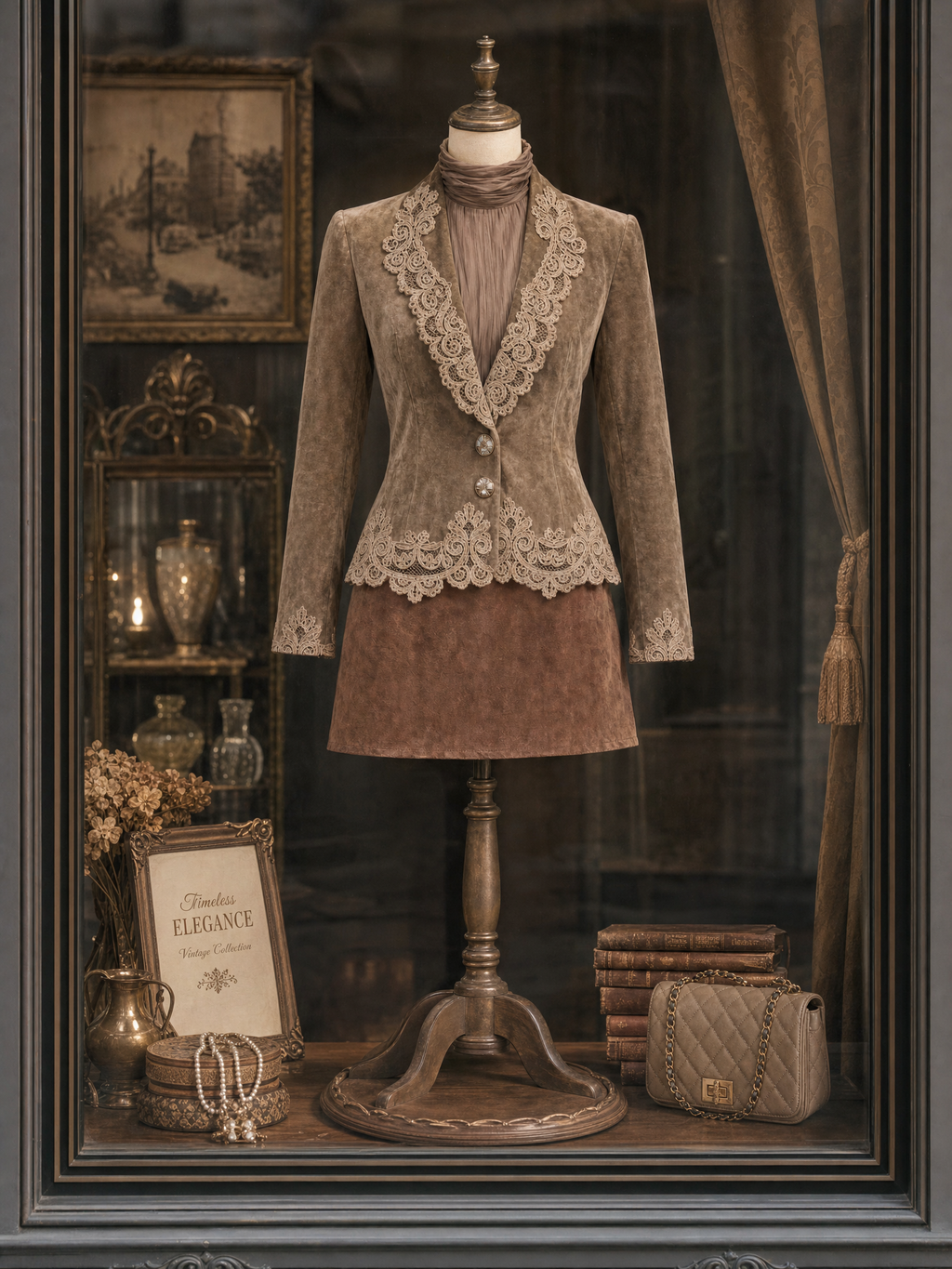 Vintage Faux Suede Lace Spliced Blazer & MiniSkirt Set
