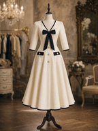 Vintage Black Trim Bow Front V‑Neck A‑Line Midi Dress