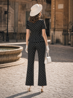 Vintage Black Polka Dot Peplum Blouse & Flare Pants Set