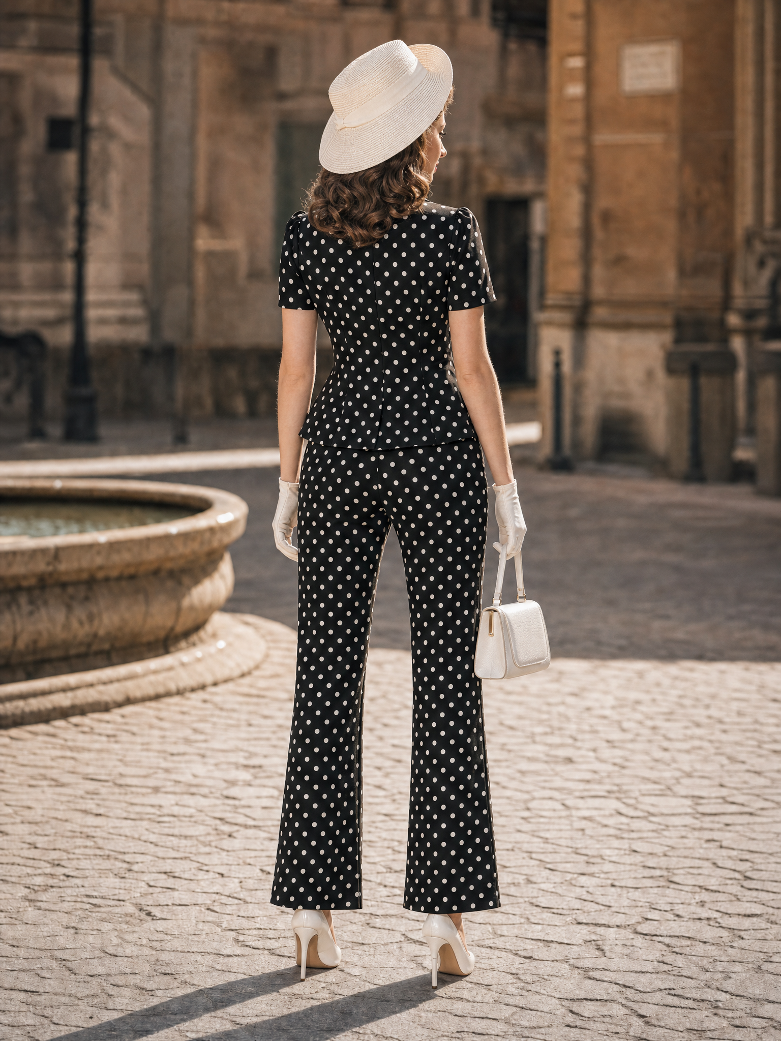 Vintage Black Polka Dot Peplum Blouse & Flare Pants Set
