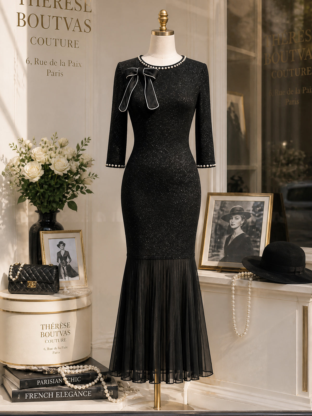 Vintage Black Glitter Bow-Neck Pleated Fishtail Knit Dress