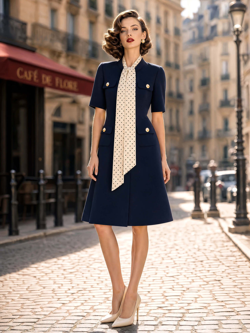 Vintage Tie Neck A-line Midi Dress
