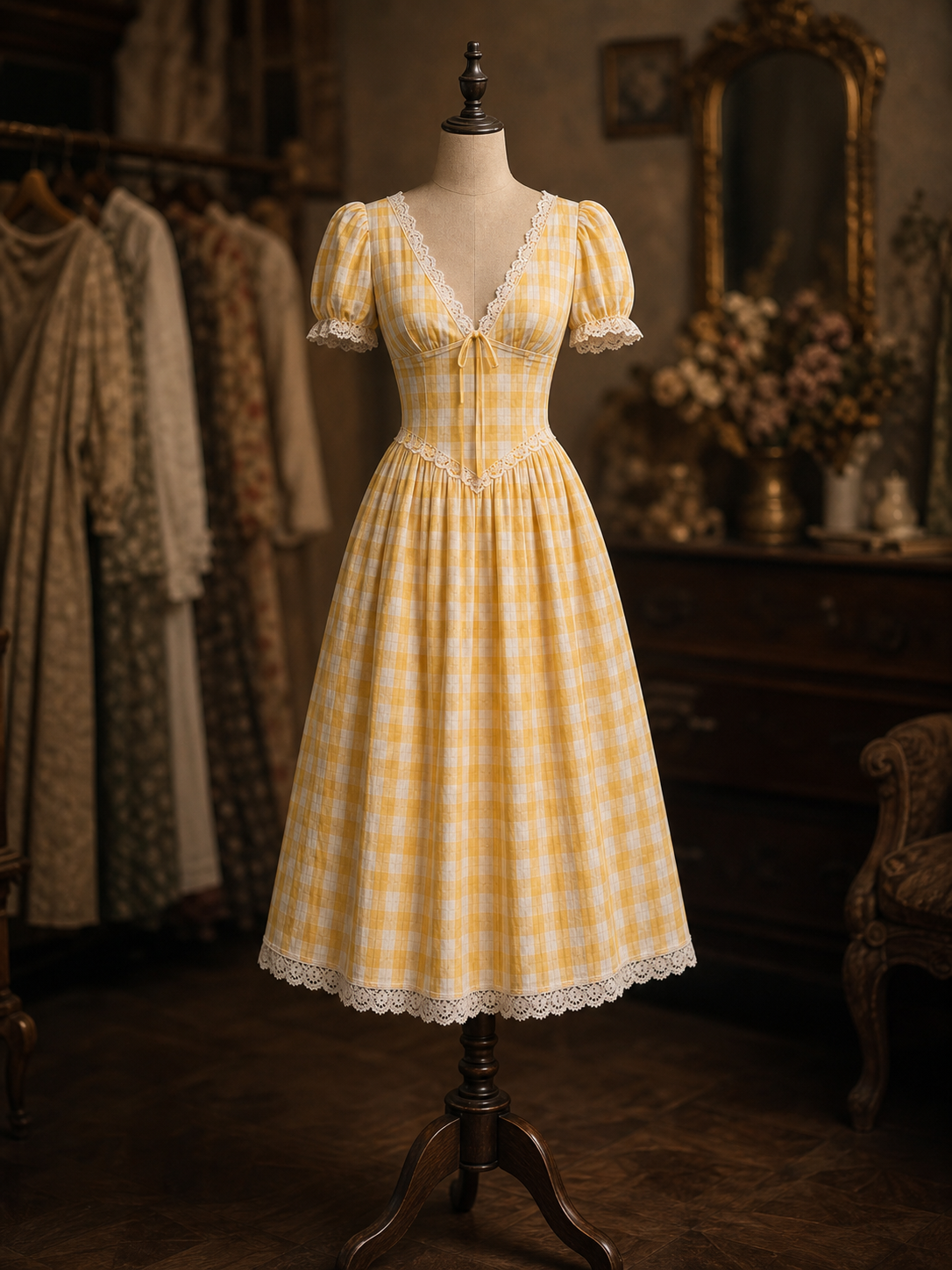 Vintage Yellow Gingham V Neck Puff Sleeve Lace Trim Tie Front Midi Dress