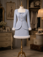 Vintage Two‑Piece Set Square Neck Bow Jacket & Faux Fur Trim Mini Skirt Co‑Ord Set