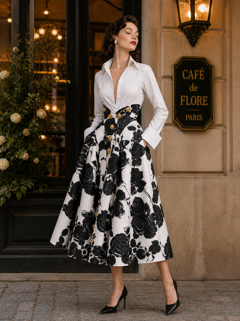 Vintage Floral Print High-Waist Skirt & Shirt Two Piece Set