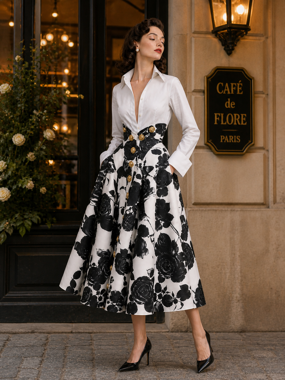 Vintage Floral Print High-Waist Skirt & Shirt Two Piece Set