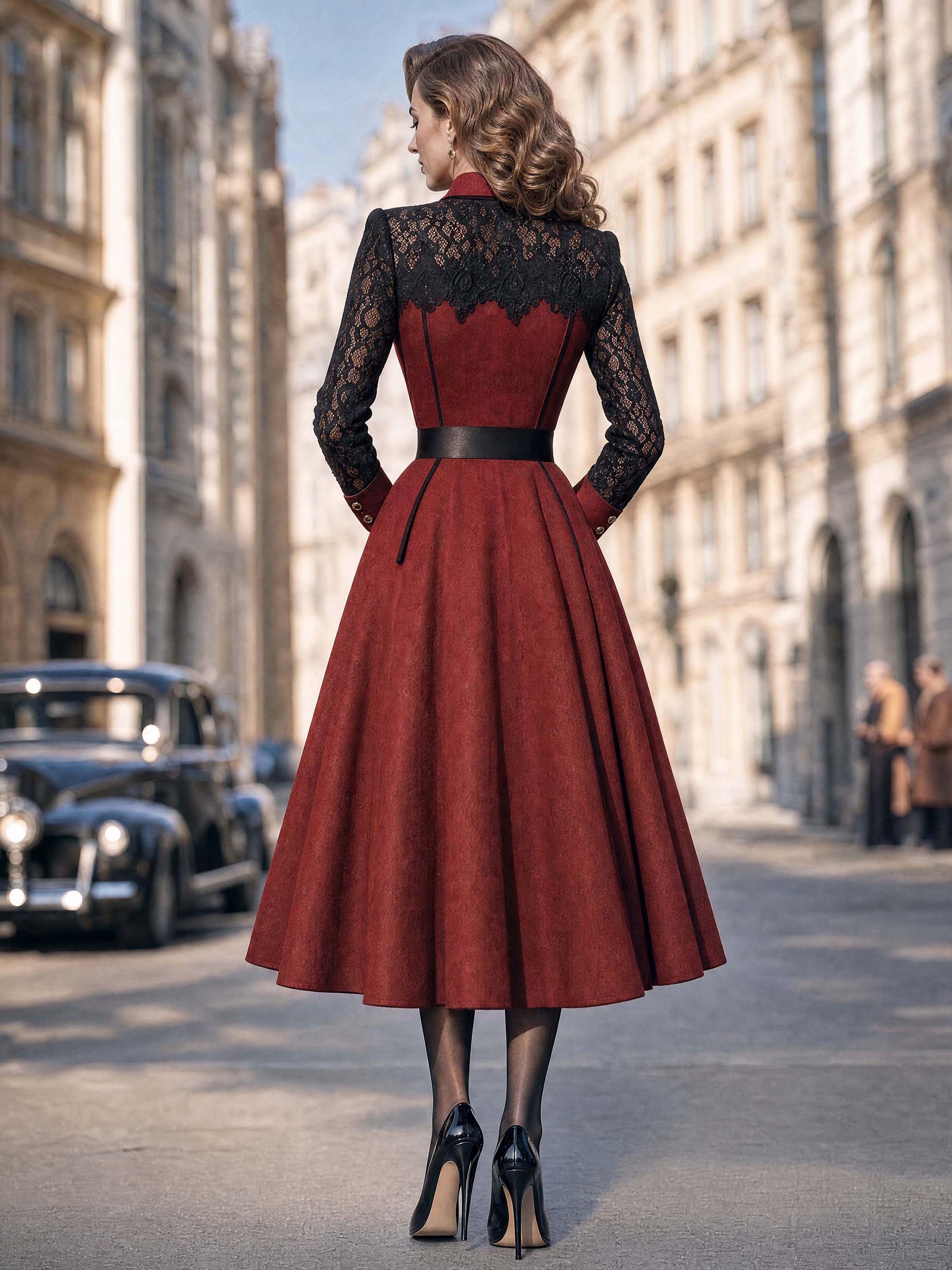 Vintage Lace Collar Wine Red Midi Dress