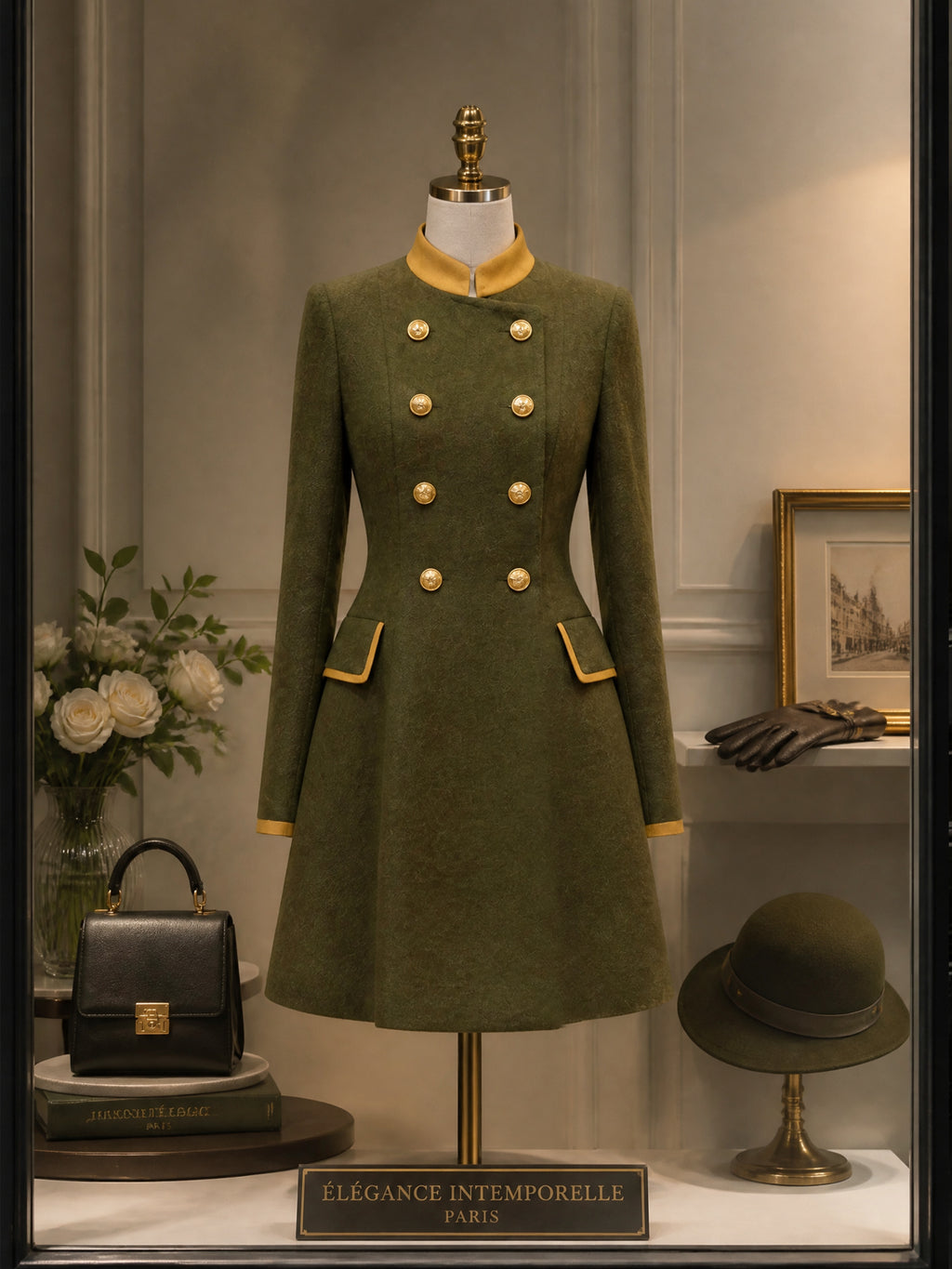 Vintage Olive Green Gold-Trim Double-Breasted A-Line Dress