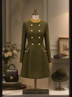 Vintage Olive Green Gold-Trim Double-Breasted A-Line Dress