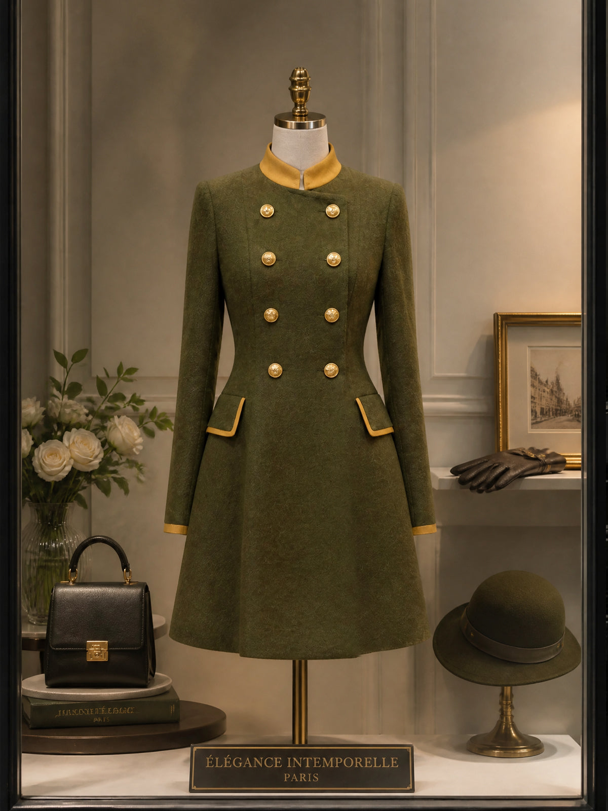 Vintage Olive Green Gold-Trim Double-Breasted A-Line Dress