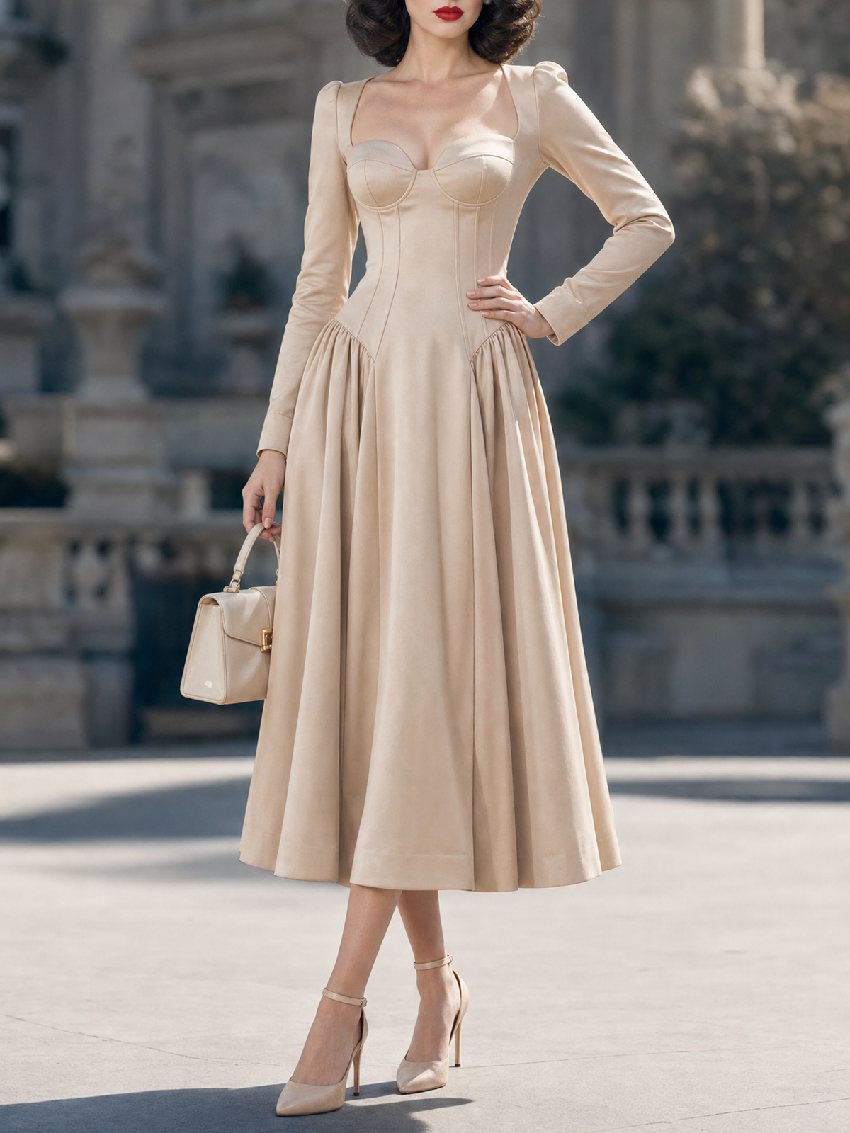 Vintage Sweetheart Corset Long Sleeve Fit And Flare Midi Dress
