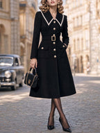 Vintage Collared Belted Midi Coat Dress