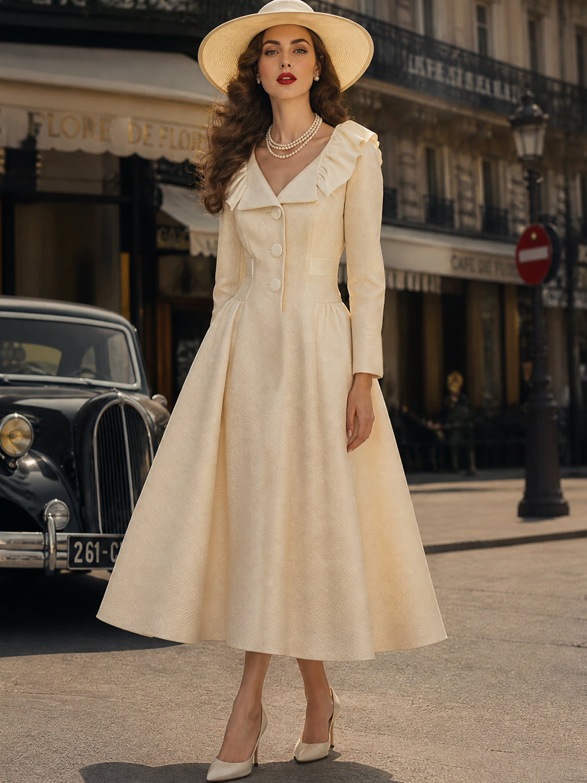 Vintage Cream Ruffle-Collar Button-Front Textured A-Line Dress