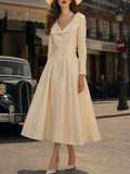 Vintage Cream Ruffle-Collar Button-Front Textured A-Line Dress