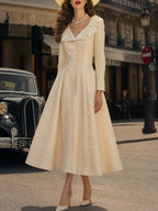 Vintage Cream Ruffle-Collar Button-Front Textured A-Line Dress