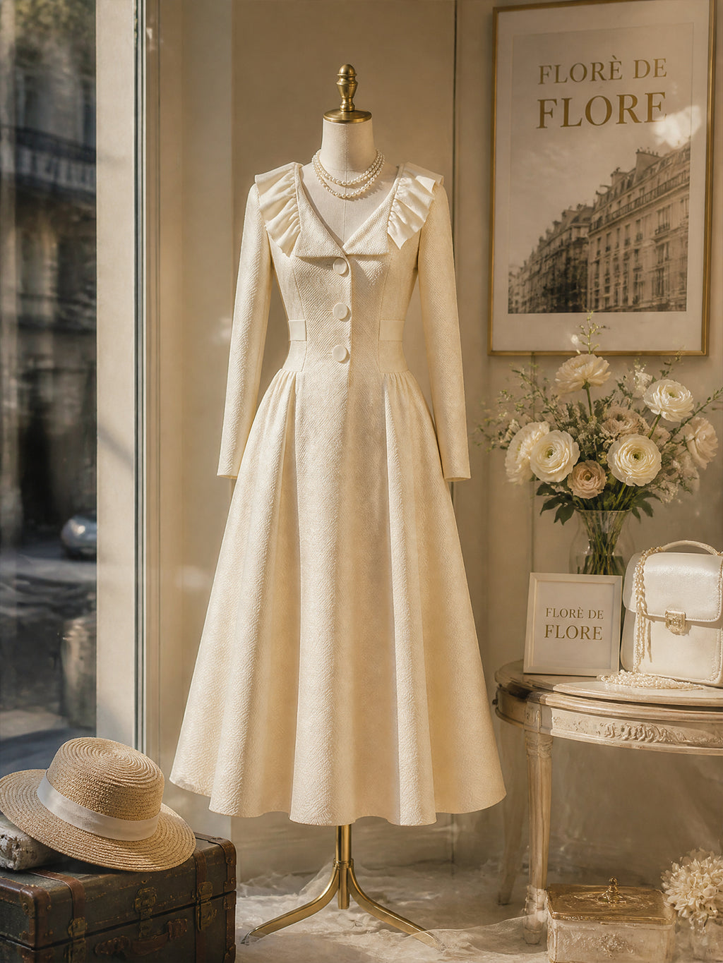 Vintage Cream Ruffle-Collar Button-Front Textured A-Line Dress