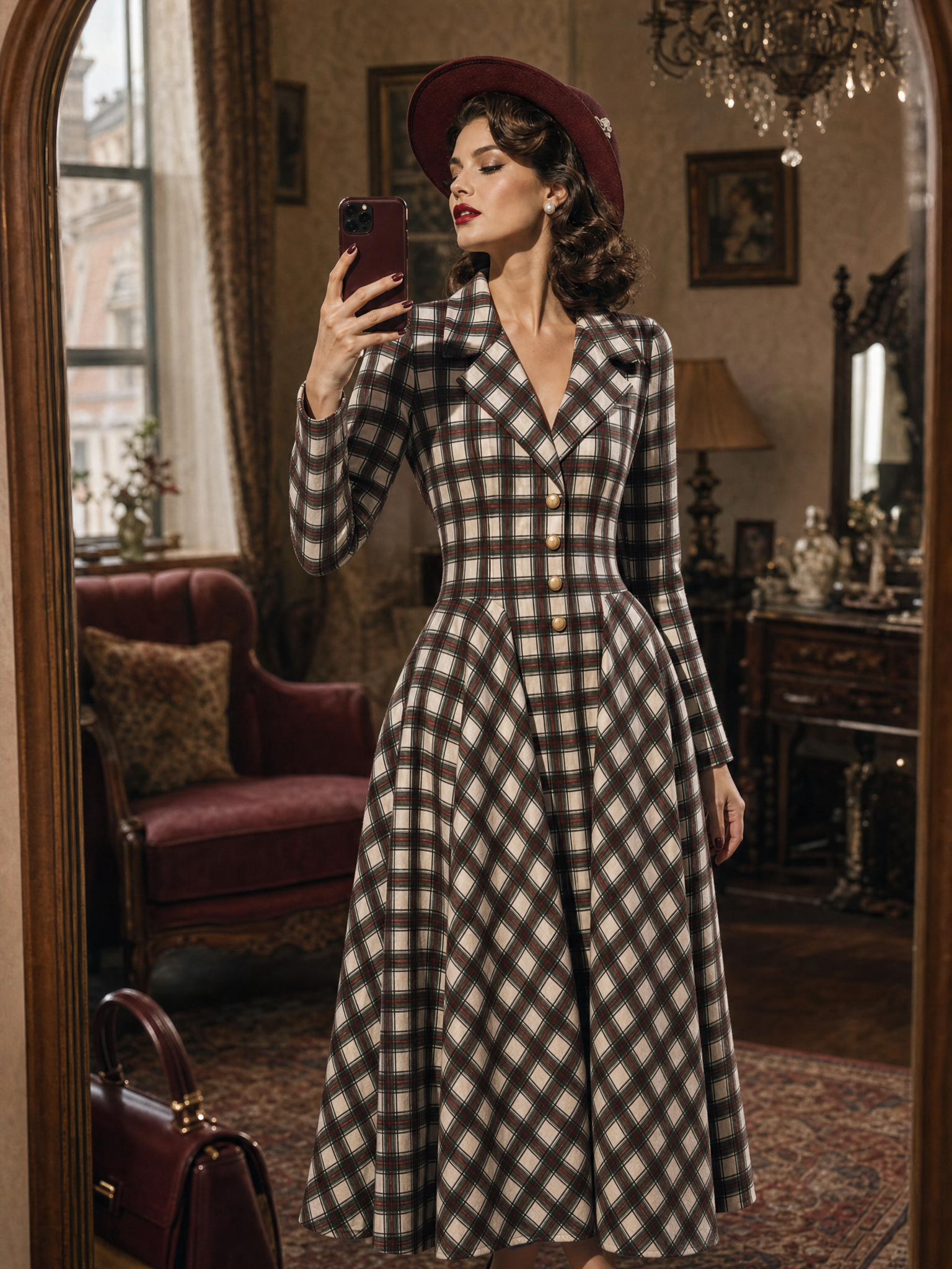Vintage Plaid Lapel Collar Long Sleeve Fit & Flare Midi Dress
