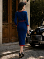 Vintage Blue Red Polka-Dot Bow Belted Knit Dress