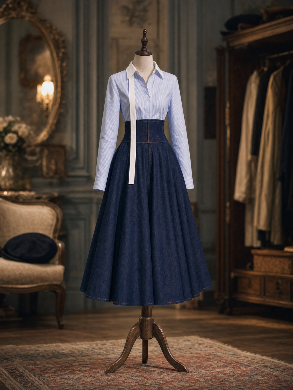 Vintage High Waist Denim Midi Skirt A‑Line Flared Swing Skirt 2PS