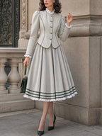 Vintage Striped-Hem Ruffle Flared Midi Skirt