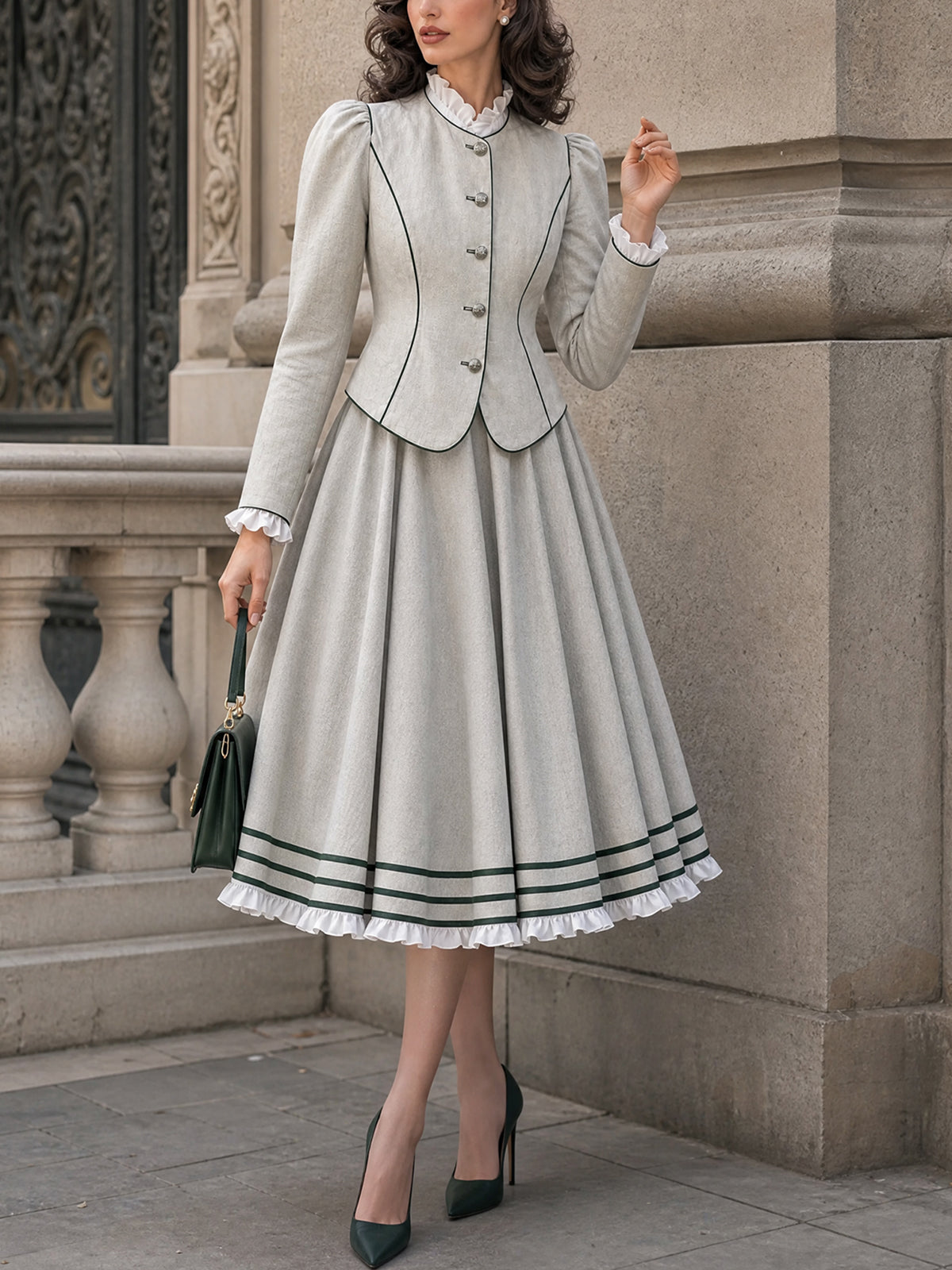 Vintage Striped-Hem Ruffle Flared Midi Skirt