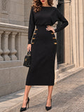 Vintage Gold-Button Dolman Ribbed Knit Midi Dress
