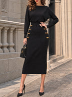 Vintage Gold-Button Dolman Ribbed Knit Midi Dress