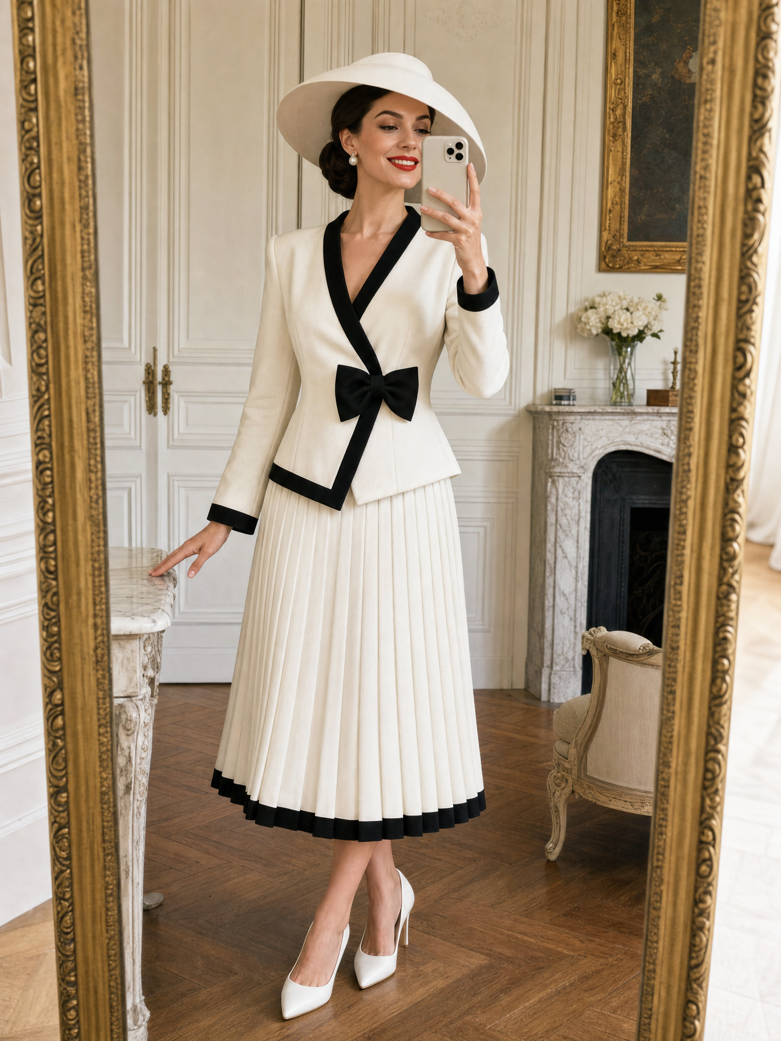 Vintage Color Block Bow Pleated Skirt Set