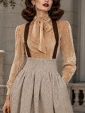 Vintage Camel Bow-Tie Neck Puff-Sleeve Velvet Blouse