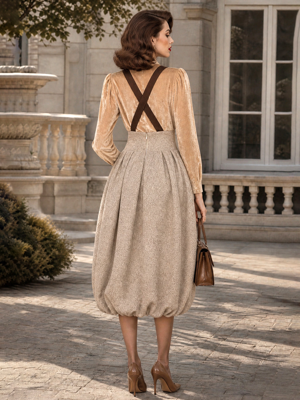 Vintage Beige High-Waist Suspender Bubble-Hem Midi Skirt