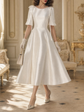 Vintage Boat Neck Satin Shoulder Bow Short Sleeve Swing Midi Dress