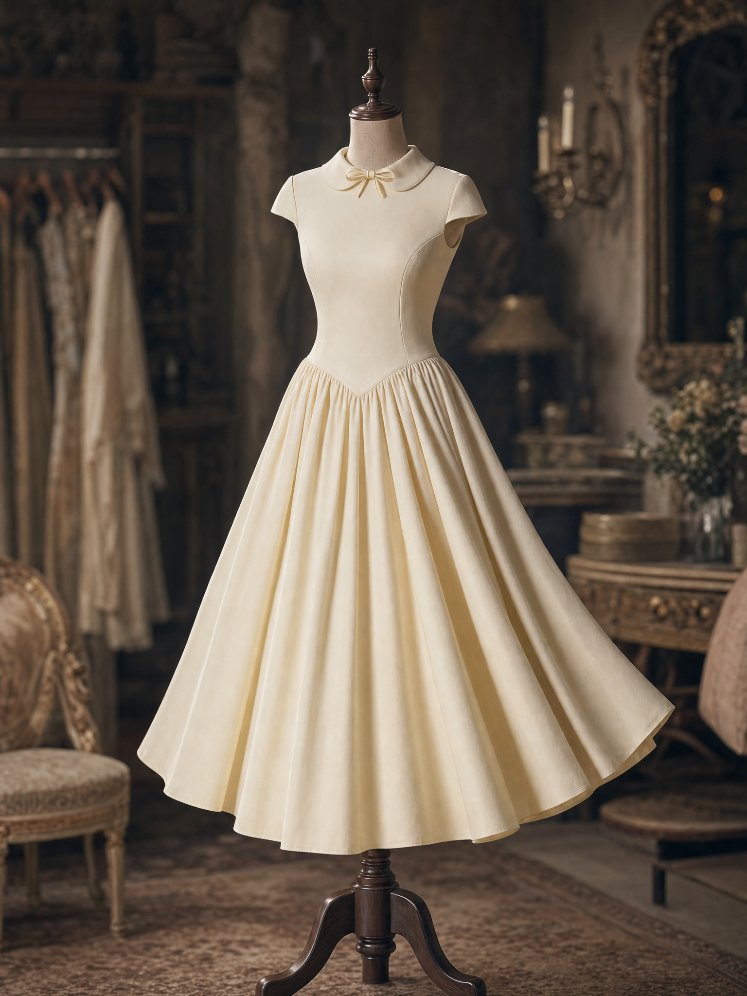 Vintage Bow Peter Pan Collar Satin Panel Midi Dress