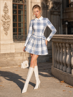 Vintage Plaid Collared Mini Dress Long Sleeve Belted Pleated A‑Line Mini Dress