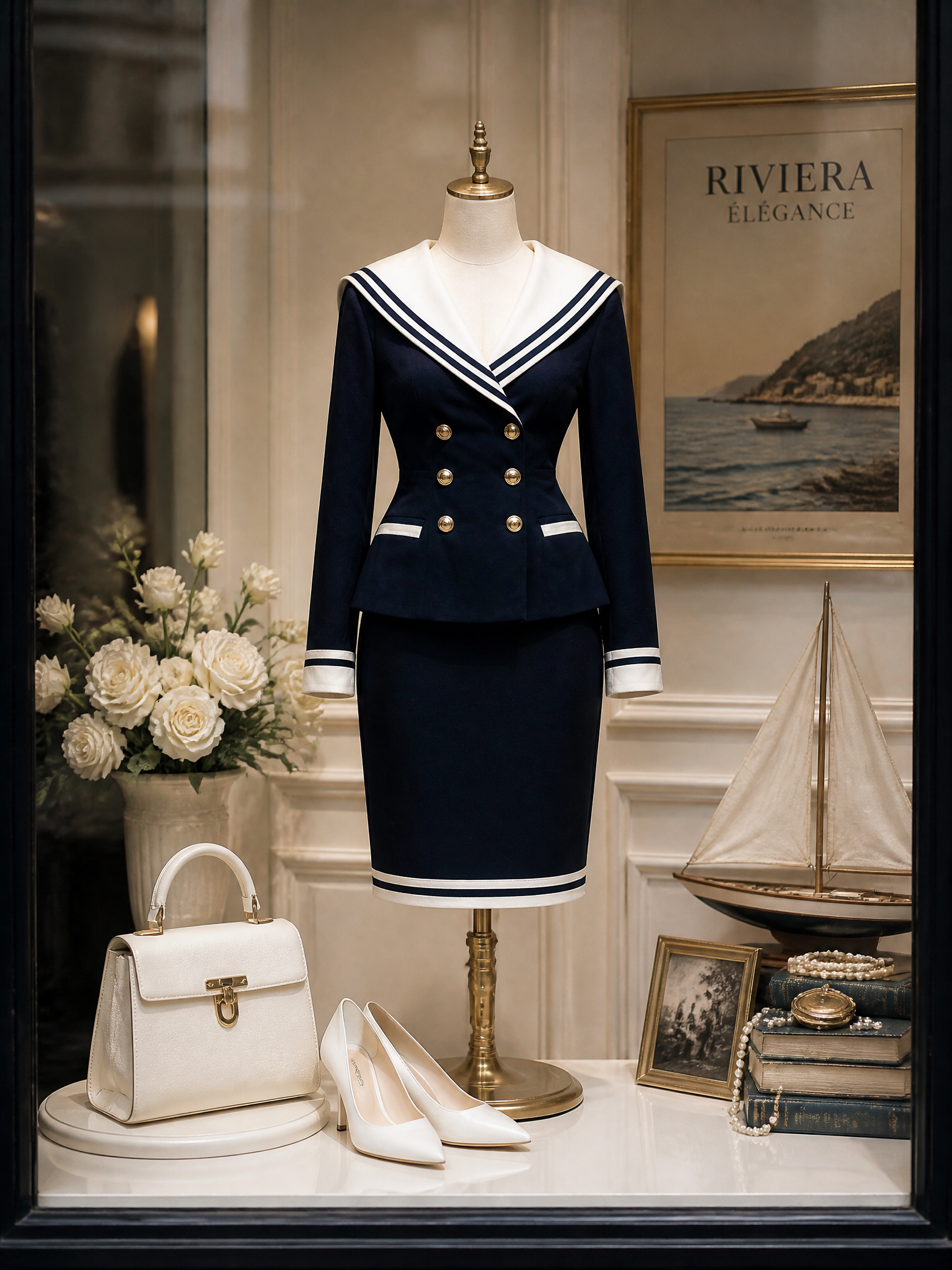 Nautical Navy Sailor Collar Blazer & Pencil Skirt Two-Piece Set